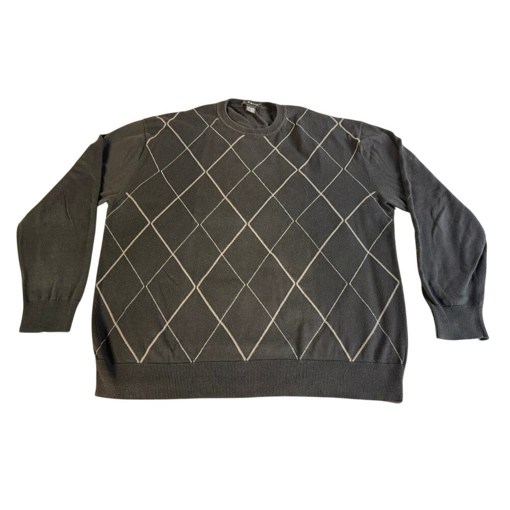 J Ferrar Mens XL Black Argyle Sweater 100% Cotton Crew Neck Pullover Classic